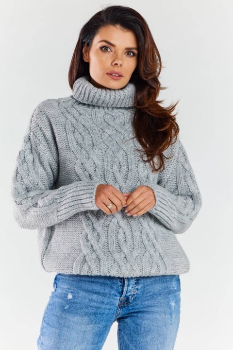 Sweter damski z golfem zimowy ciepły wzór warkocz szary A479 Sweter damski z golfem zimowy ciepły wzór warkocz szary A479