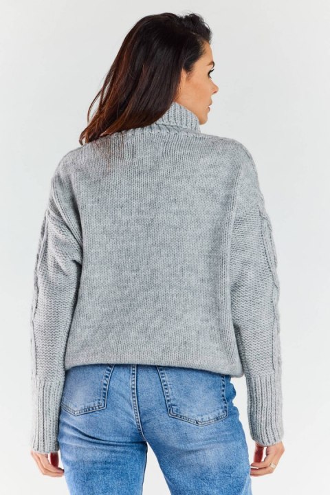 Sweter damski z golfem zimowy ciepły wzór warkocz szary A479 Sweter damski z golfem zimowy ciepły wzór warkocz szary A479