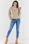 Sweter damski z golfem zimowy ciepły wzór warkocz beżowy A479