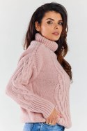 Sweter damski z golfem zimowy ciepły wzór warkocz różowy A479