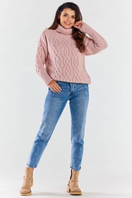 Sweter damski z golfem zimowy ciepły wzór warkocz różowy A479