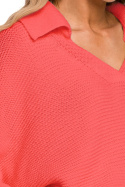 Sweter damski luźny z dekoltem V z kołnierzykiem brzoskwiniowy me687