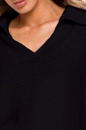 Sweter damski luźny z dekoltem V z kołnierzykiem czarny me687