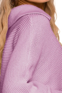 Sweter damski luźny z dekoltem V z kołnierzykiem liliowy me687