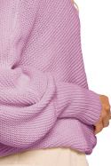 Sweter damski luźny z dekoltem V z kołnierzykiem liliowy me687