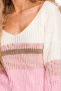 Sweter damski w kolorowe pasy z głębokim dekoltem w serek m4 me686