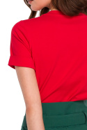 T-shirt damski dopasowany z nadrukiem krótki rękaw czerwony K127