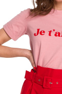 T-shirt damski dopasowany z nadrukiem krótki rękaw różowy K127