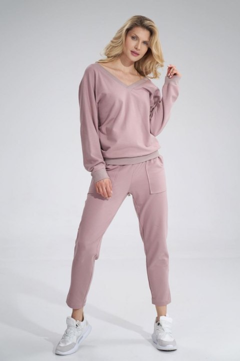Bluza damska bawełniana z dekoltem V z przodu i z tyłu ciemny róż M799 Bluza damska bawełniana z dekoltem V z przodu i z tyłu ciemny róż M799