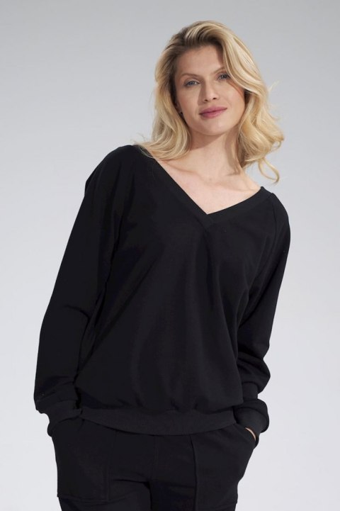 Bluza damska bawełniana z dekoltem V z przodu i z tyłu czarna M799 Bluza damska bawełniana z dekoltem V z przodu i z tyłu czarna M799