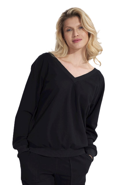 Bluza damska bawełniana z dekoltem V z przodu i z tyłu czarna M799 Bluza damska bawełniana z dekoltem V z przodu i z tyłu czarna M799