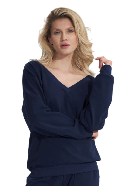 Bluza damska bawełniana z dekoltem V z przodu i z tyłu granatowa M799 Bluza damska bawełniana z dekoltem V z przodu i z tyłu granatowa M799