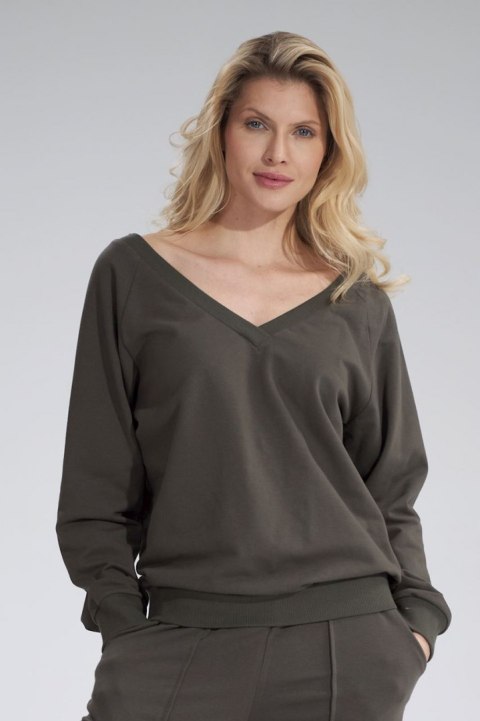 Bluza damska bawełniana z dekoltem V z przodu i z tyłu oliwkowa M799 Bluza damska bawełniana z dekoltem V z przodu i z tyłu oliwkowa M799