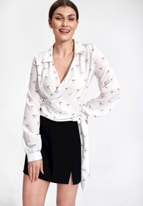 Bluzka damska elegancka kopertowa dekolt V długi rękaw ecru M868 Bluzka damska elegancka kopertowa dekolt V długi rękaw ecru M868