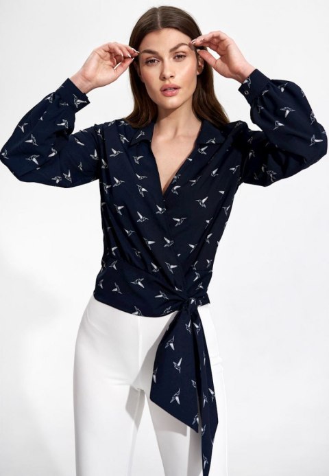 Bluzka damska elegancka kopertowa dekolt V długi rękaw granatowa M868 Bluzka damska elegancka kopertowa dekolt V długi rękaw granatowa M868