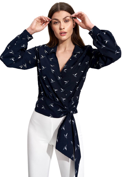 Bluzka damska elegancka kopertowa dekolt V długi rękaw granatowa M868 Bluzka damska elegancka kopertowa dekolt V długi rękaw granatowa M868
