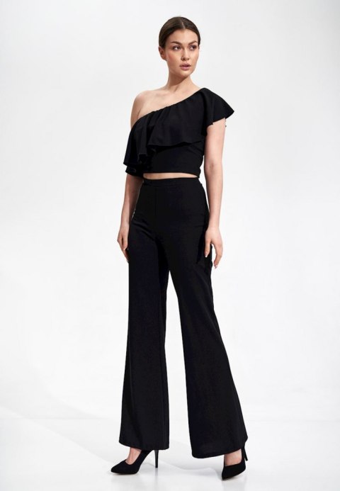 Bluzka damska crop top z falbaną na jedno ramię czarna M875 Bluzka damska crop top z falbaną na jedno ramię czarna M875