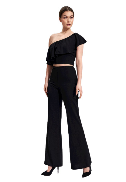 Bluzka damska crop top z falbaną na jedno ramię czarna M875 Bluzka damska crop top z falbaną na jedno ramię czarna M875