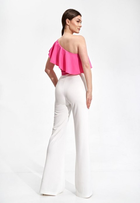 Bluzka damska crop top z falbaną na jedno ramię różowa M875 Bluzka damska crop top z falbaną na jedno ramię różowa M875