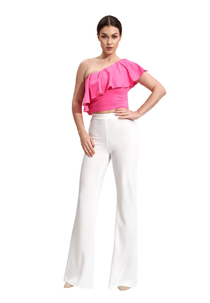Bluzka damska crop top z falbaną na jedno ramię różowa M875 Bluzka damska crop top z falbaną na jedno ramię różowa M875