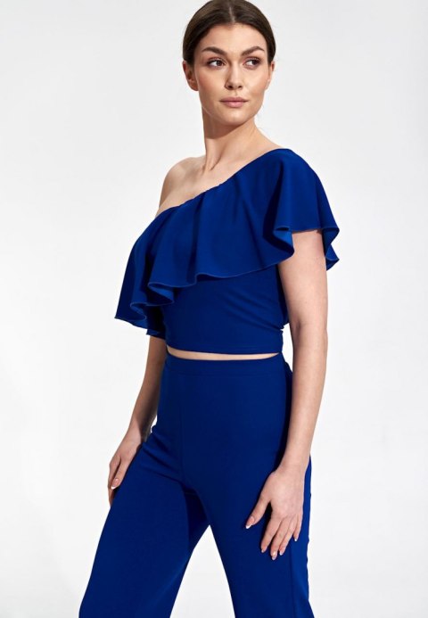 Bluzka damska crop top z falbaną na jedno ramię szafirowa M875 Bluzka damska crop top z falbaną na jedno ramię szafirowa M875
