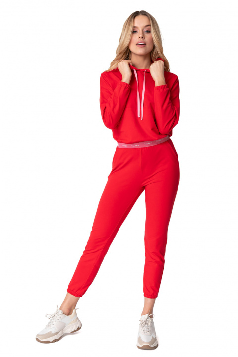 Krótka bluza damska crop dresowa z kapturem i gumką czerwona LA103 Krótka bluza damska crop dresowa z kapturem i gumką czerwona LA103