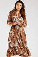 Sukienka midi rozkloszowana z falbanką długi rękaw brązowa A468