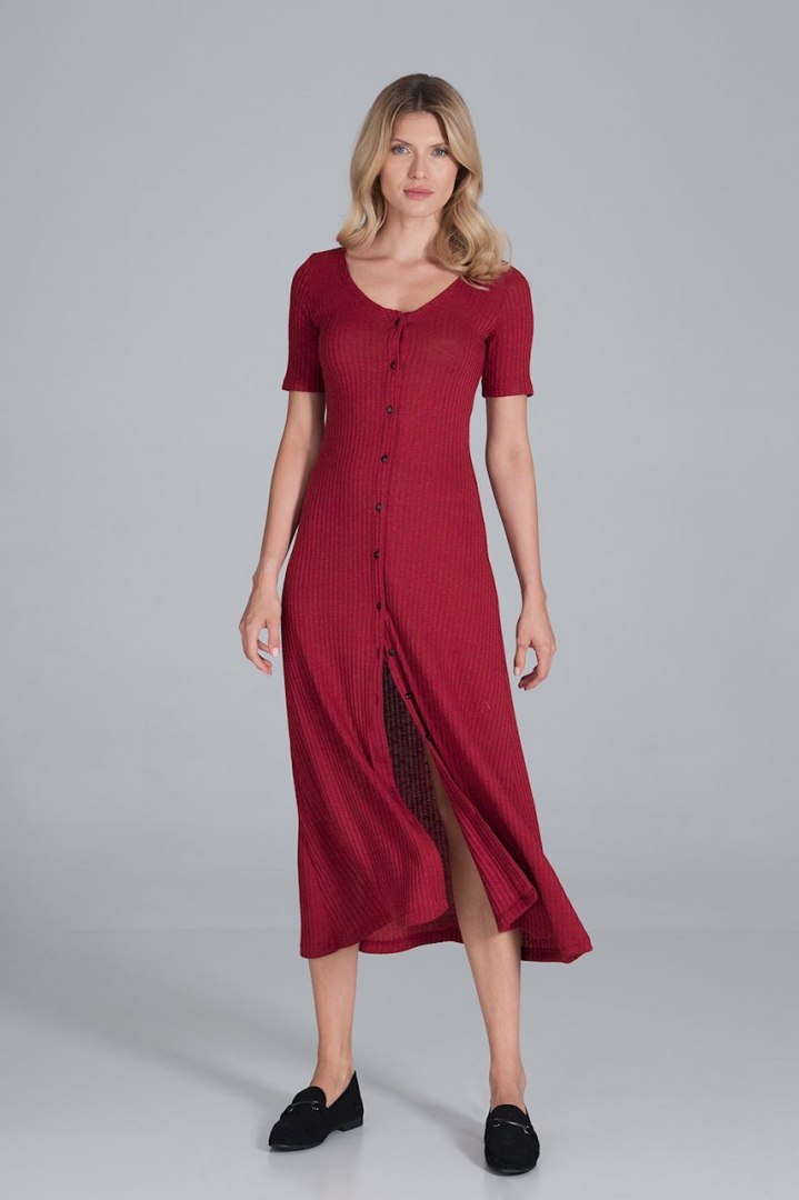Sukienka midi z wiskozy rozkloszowana zapinana na guziki czerwona M841
