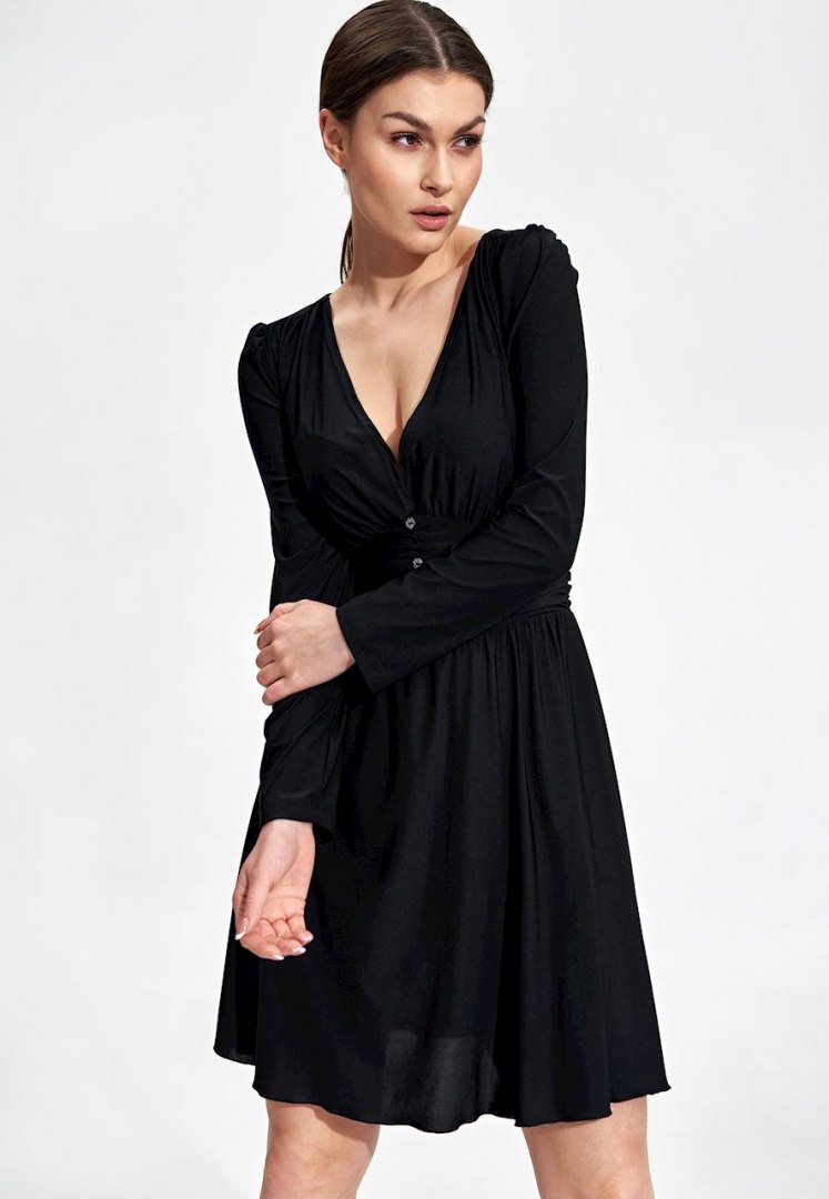 Sukienka midi rozkloszowana z dekoltem V długi rękaw czarna M861