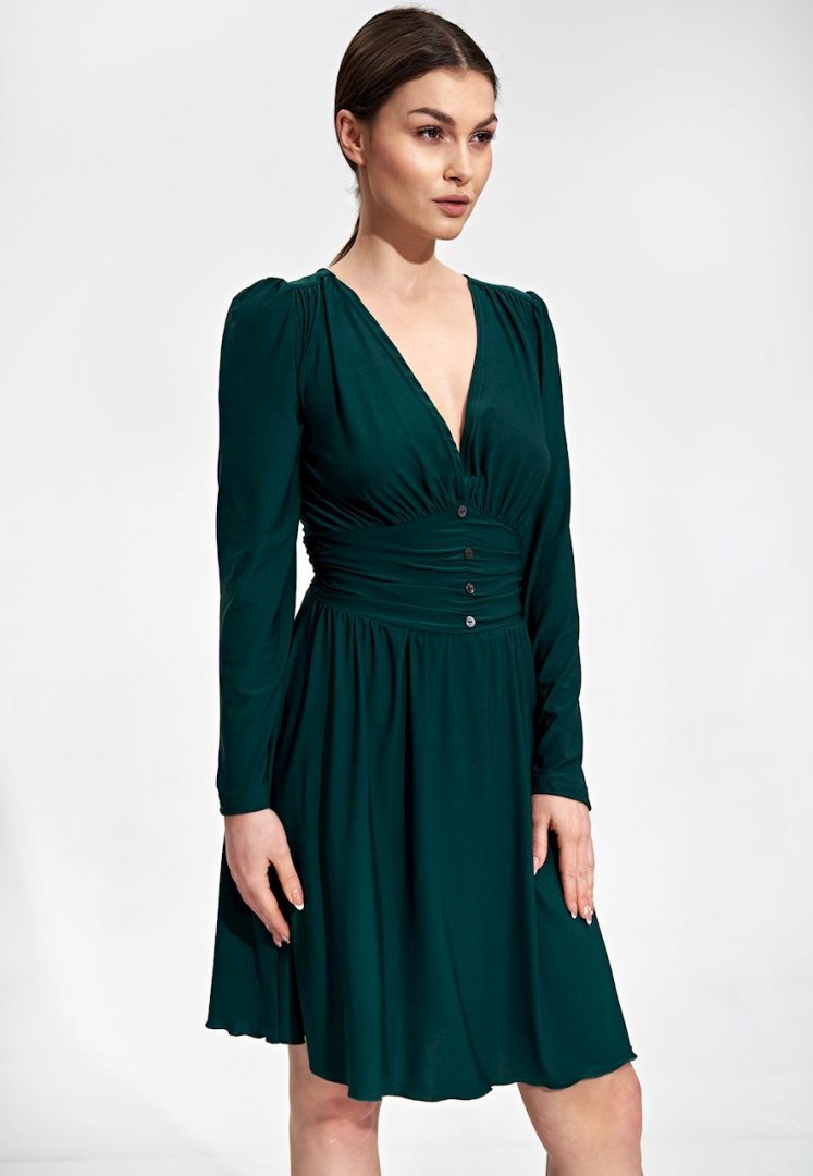Sukienka midi rozkloszowana z dekoltem V długi rękaw zielona M861