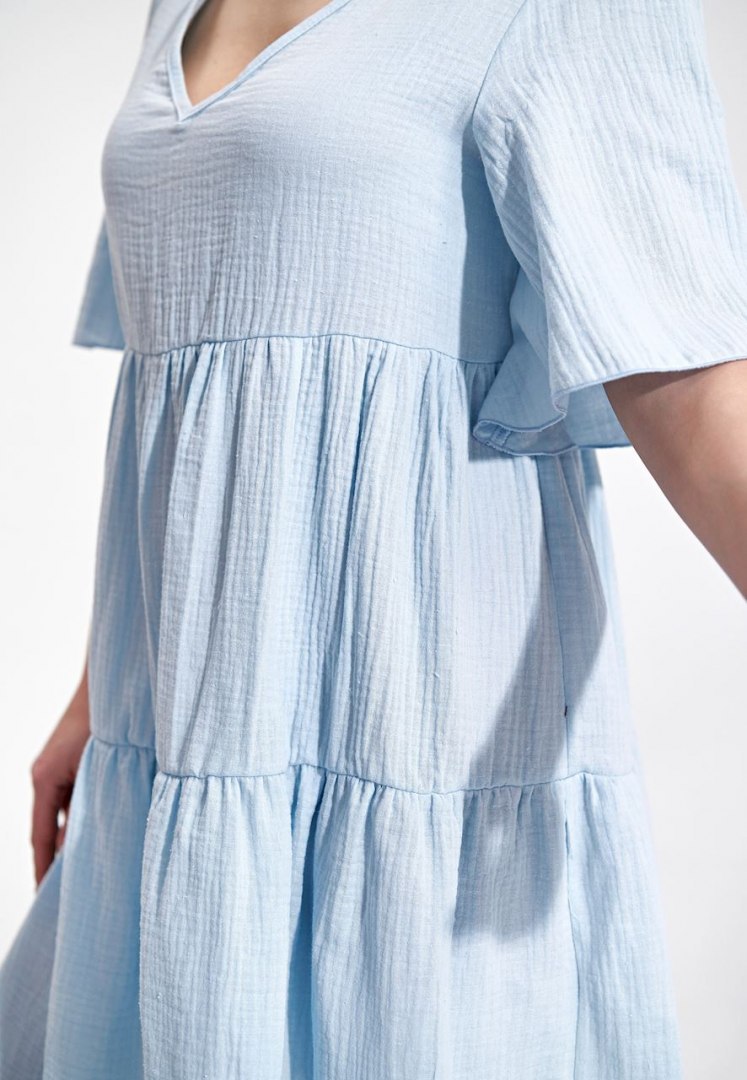 Sukienka letnia mini rozkloszowana falbanki krótki rękaw błękitna M869