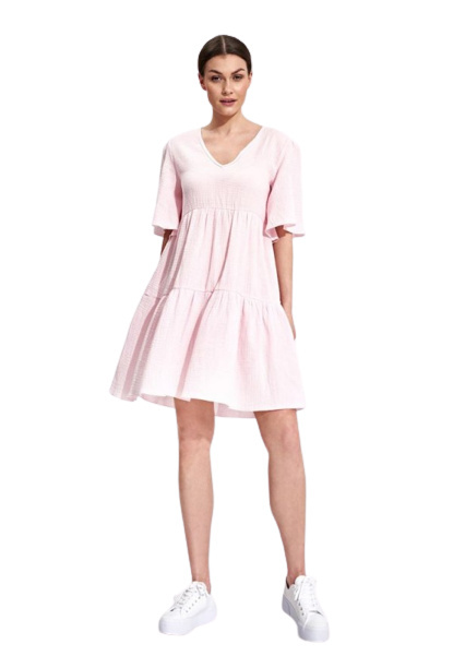 Sukienka letnia mini rozkloszowana falbanki krótki rękaw różowa M869