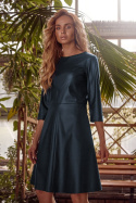 Sukienka midi trapezowa ze sztucznej skóry rękaw 3/4 L zielona me541