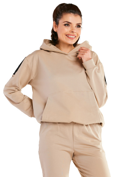 Bluza damska dresowa kangurka z kapturem bawełniana beżowa M248 Bluza damska dresowa kangurka z kapturem bawełniana beżowa M248