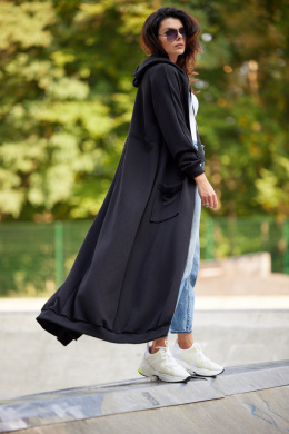 Bluza damska długa z kapturem rozpinana dresowa bawełna czarna M277