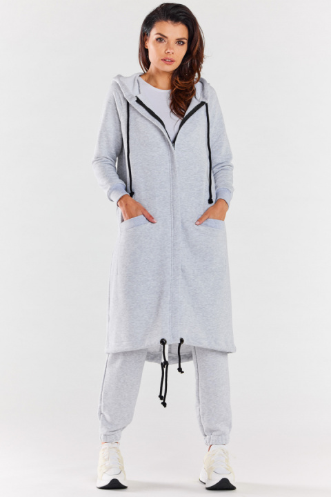 Bluza damska długa z kapturem dresowa rozpinana bawełna szara M278 Bluza damska długa z kapturem dresowa rozpinana bawełna szara M278