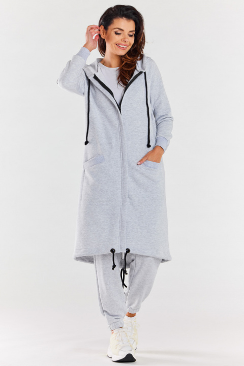 Bluza damska długa z kapturem dresowa rozpinana bawełna szara M278 Bluza damska długa z kapturem dresowa rozpinana bawełna szara M278