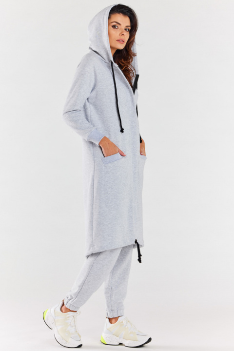 Bluza damska długa z kapturem dresowa rozpinana bawełna szara M278 Bluza damska długa z kapturem dresowa rozpinana bawełna szara M278
