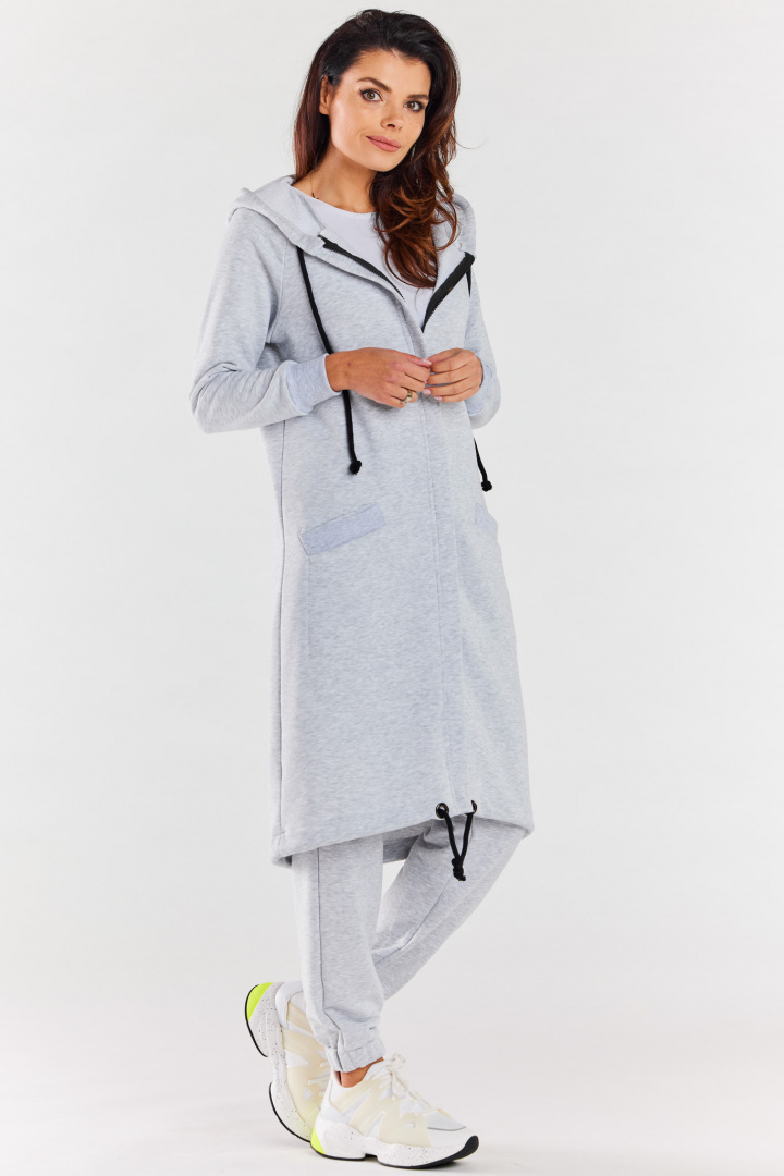 Bluza damska długa z kapturem dresowa rozpinana bawełna szara M278 Bluza damska długa z kapturem dresowa rozpinana bawełna szara M278