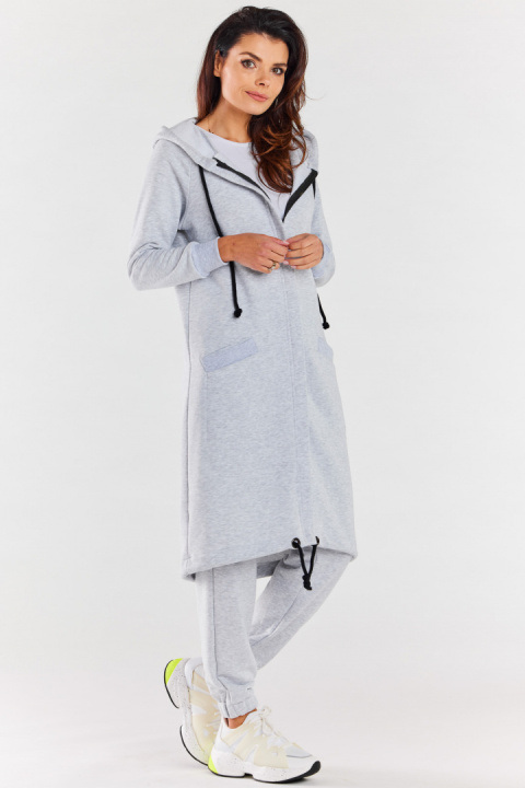 Bluza damska długa z kapturem dresowa rozpinana bawełna szara M278 Bluza damska długa z kapturem dresowa rozpinana bawełna szara M278