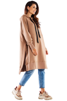 Bluza damska oversize z kapturem długa bawełniana beżowa M279