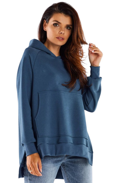 Bluza damska asymetryczna z kapturem bawełniana niebieska M280 Bluza damska asymetryczna z kapturem bawełniana niebieska M280