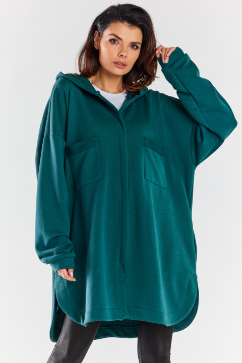 Bluza damska oversize z kapturem rozpinana bawełniana zielona M281 Bluza damska oversize z kapturem rozpinana bawełniana zielona M281