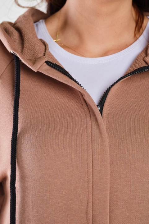 Bluza damska długa z kapturem dresowa rozpinana bawełna beżowa M278 Bluza damska długa z kapturem dresowa rozpinana bawełna beżowa M278