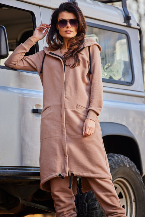 Bluza damska długa z kapturem dresowa rozpinana bawełna beżowa M278 Bluza damska długa z kapturem dresowa rozpinana bawełna beżowa M278