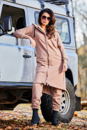 Bluza damska długa z kapturem dresowa rozpinana bawełna beżowa M278