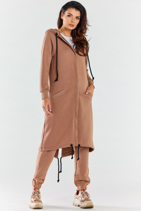 Bluza damska długa z kapturem dresowa rozpinana bawełna beżowa M278 Bluza damska długa z kapturem dresowa rozpinana bawełna beżowa M278