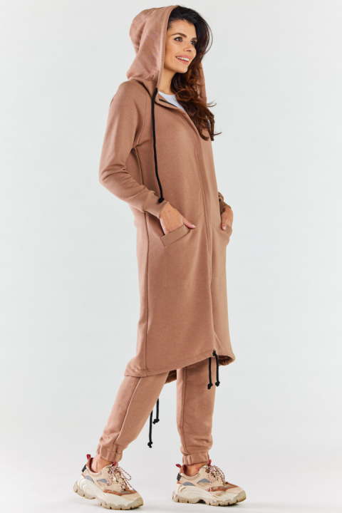 Bluza damska długa z kapturem dresowa rozpinana bawełna beżowa M278 Bluza damska długa z kapturem dresowa rozpinana bawełna beżowa M278