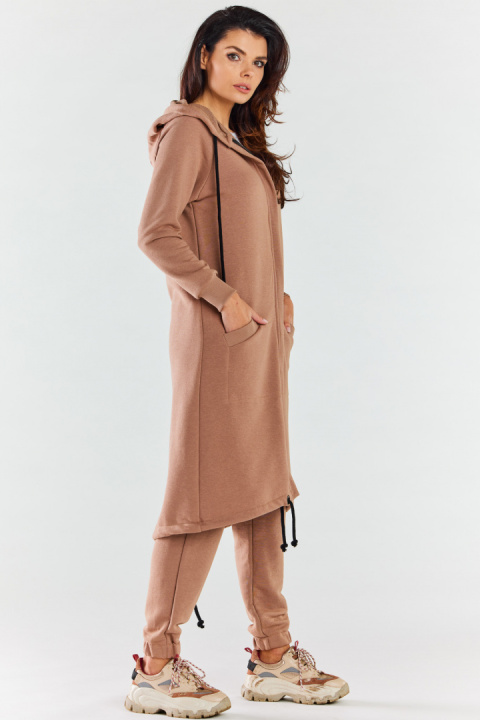 Bluza damska długa z kapturem dresowa rozpinana bawełna beżowa M278 Bluza damska długa z kapturem dresowa rozpinana bawełna beżowa M278