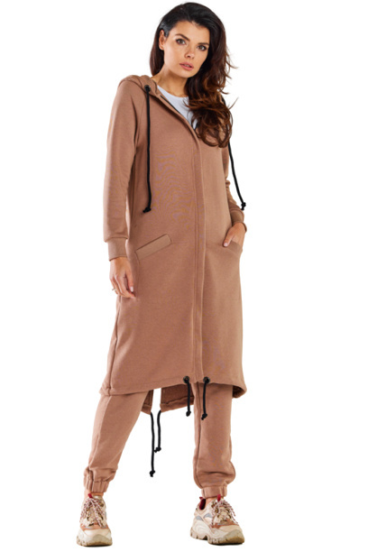Bluza damska długa z kapturem dresowa rozpinana bawełna beżowa M278 Bluza damska długa z kapturem dresowa rozpinana bawełna beżowa M278